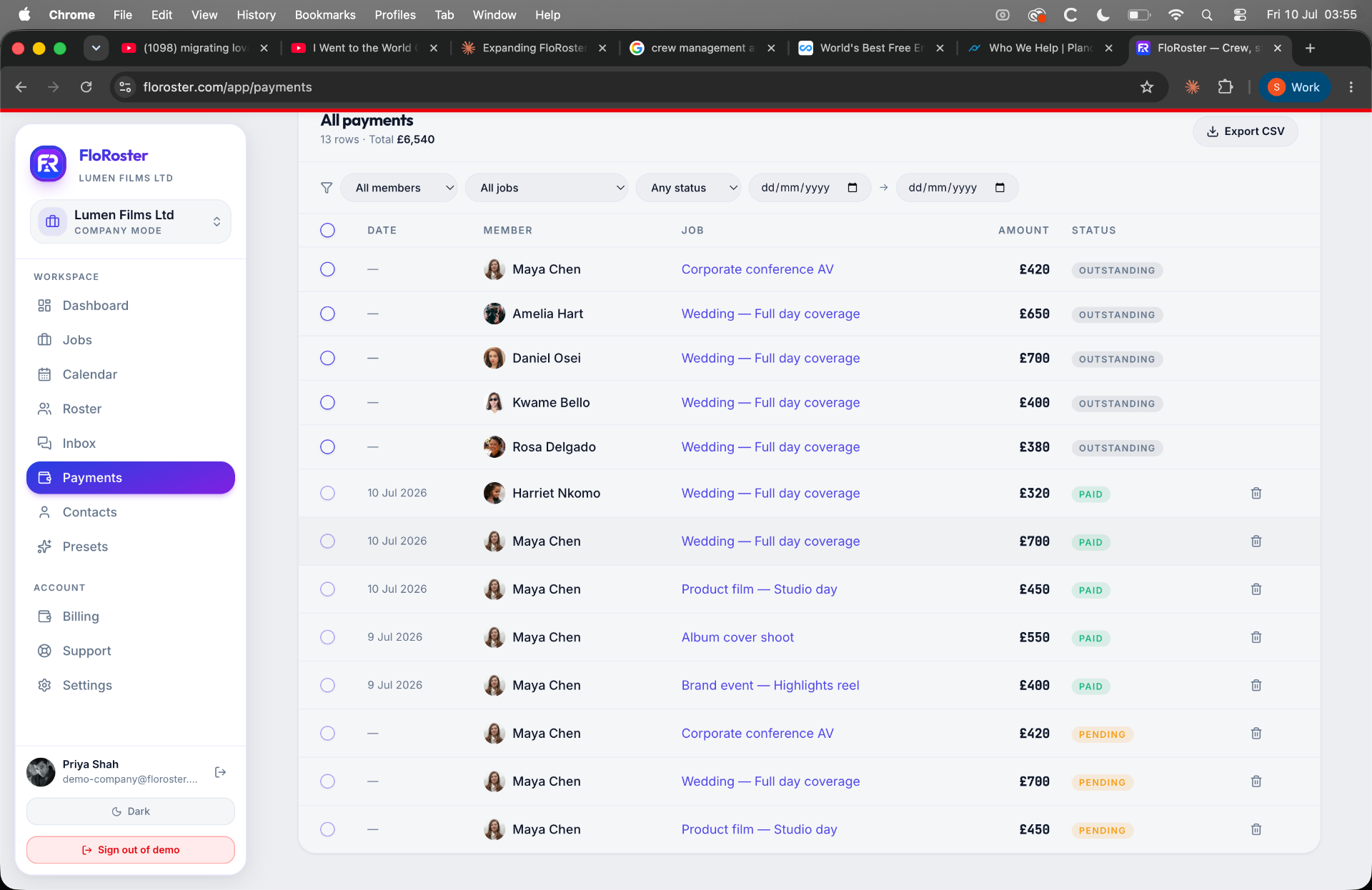 FloRoster payments table with paid, pending and outstanding statuses