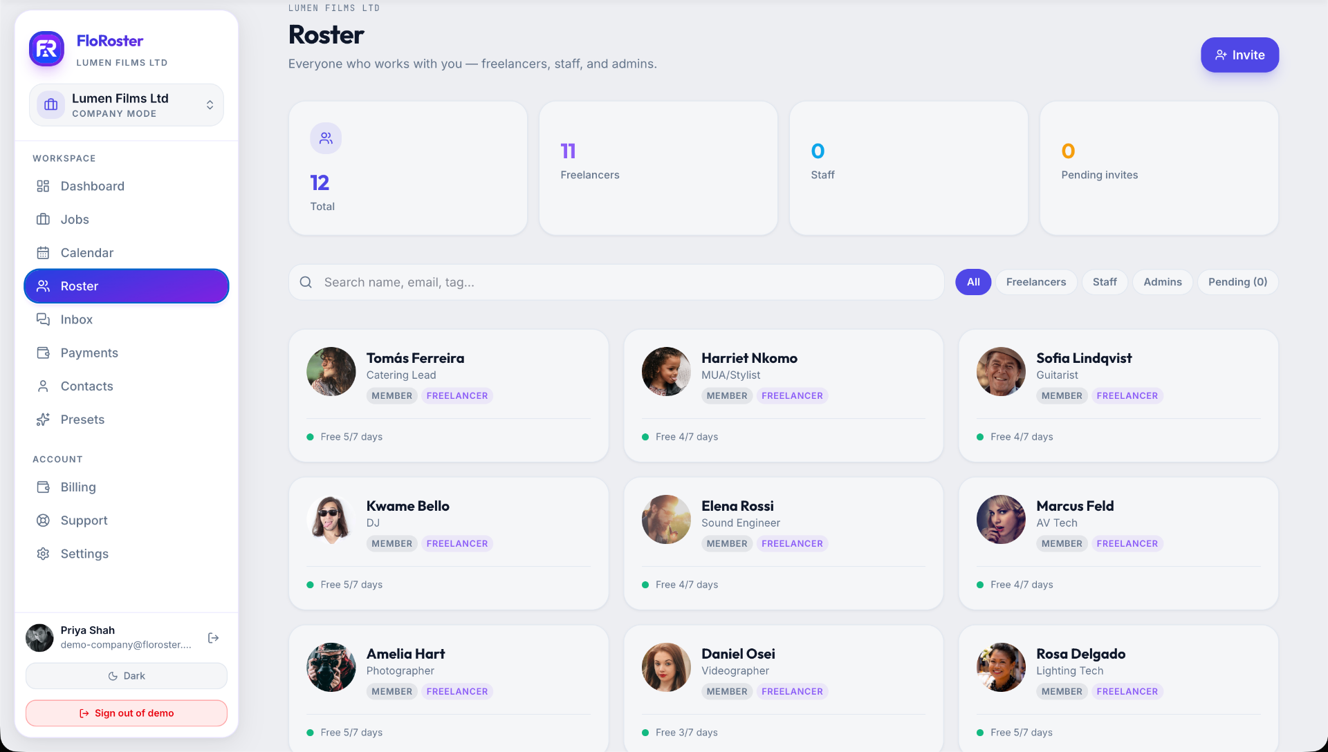 FloRoster private roster with freelancers, staff and admins