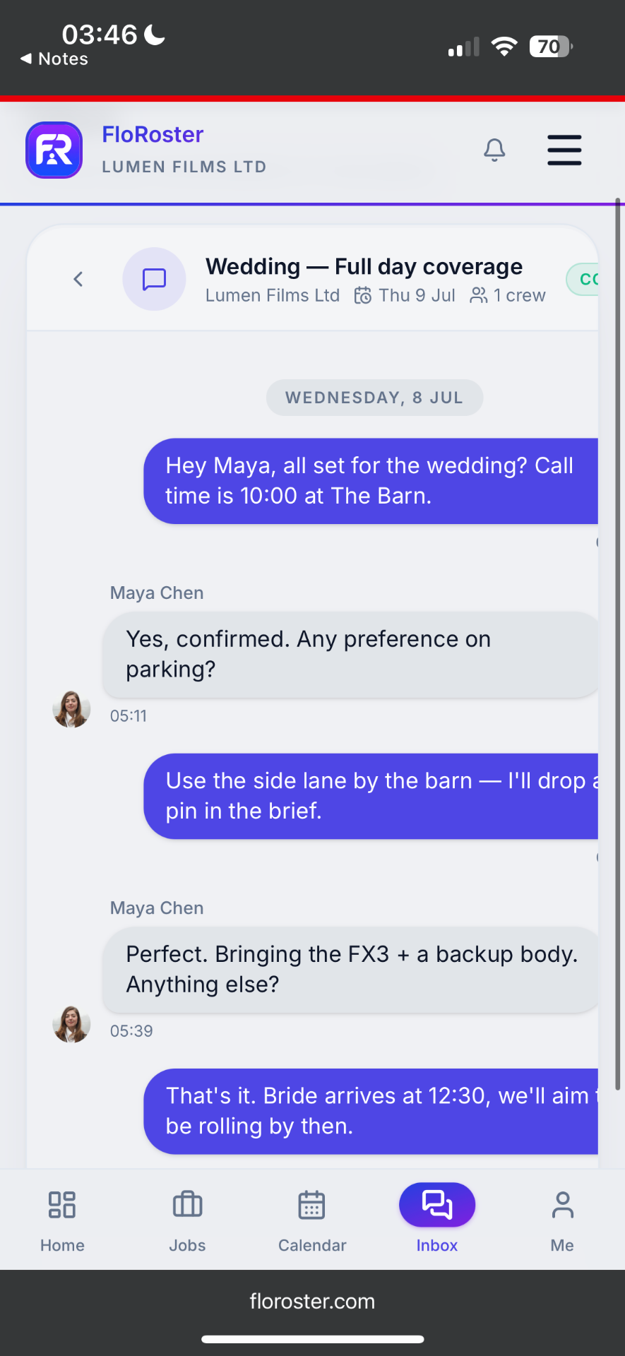 FloRoster job message thread on mobile