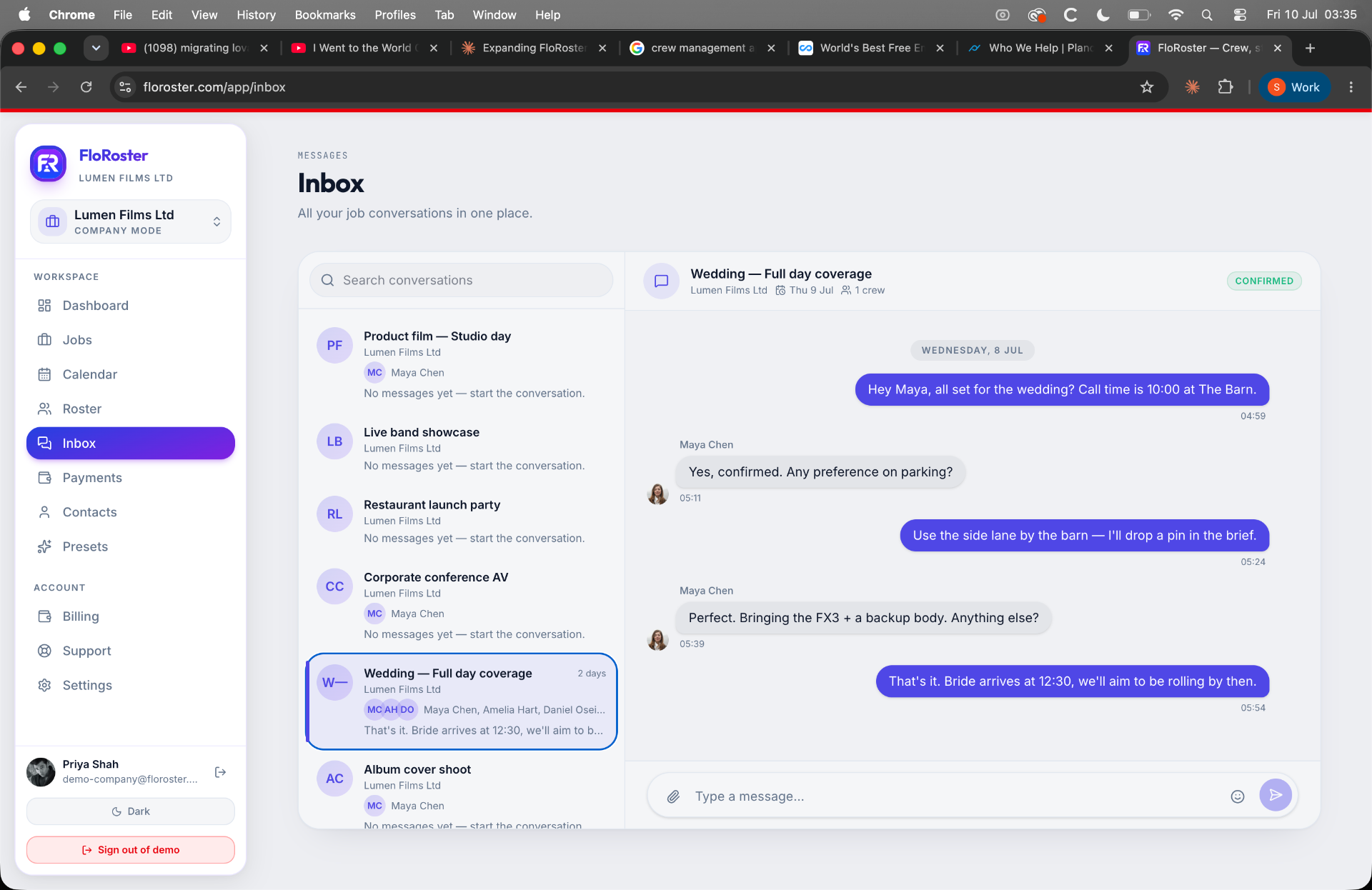 FloRoster inbox with job conversations and message threads