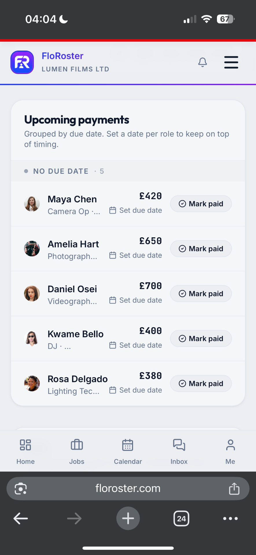 FloRoster upcoming payments with mark paid on mobile